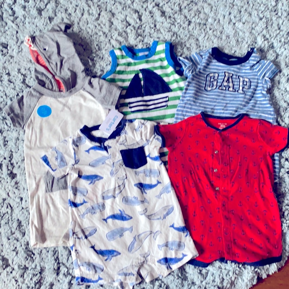 Lot of boys Summer rompers 12mo smoke free nautical beach sail boat whale